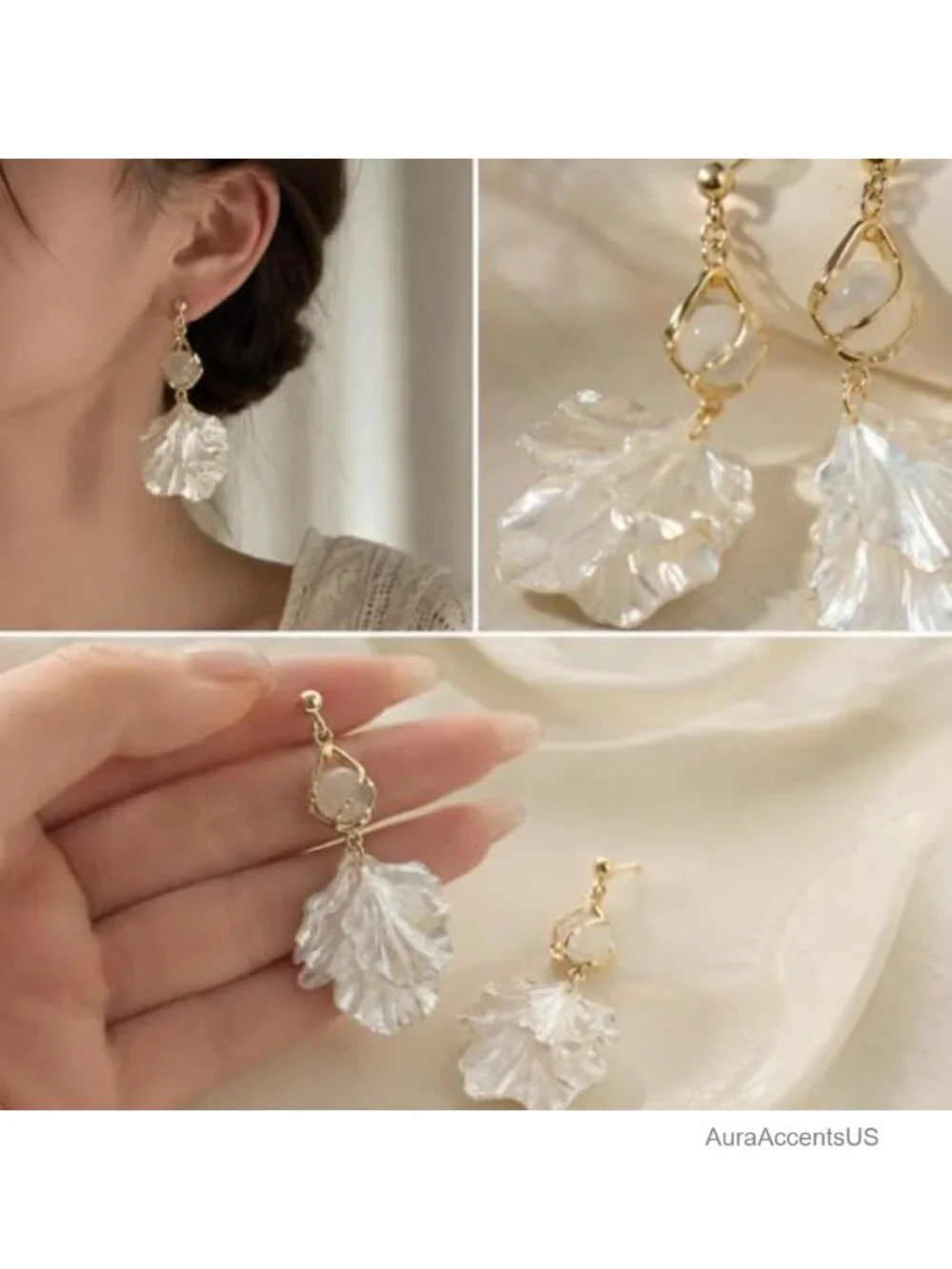 White Shell Petal Drop Earrings Gold Dangle Boho Statement Jewelry
